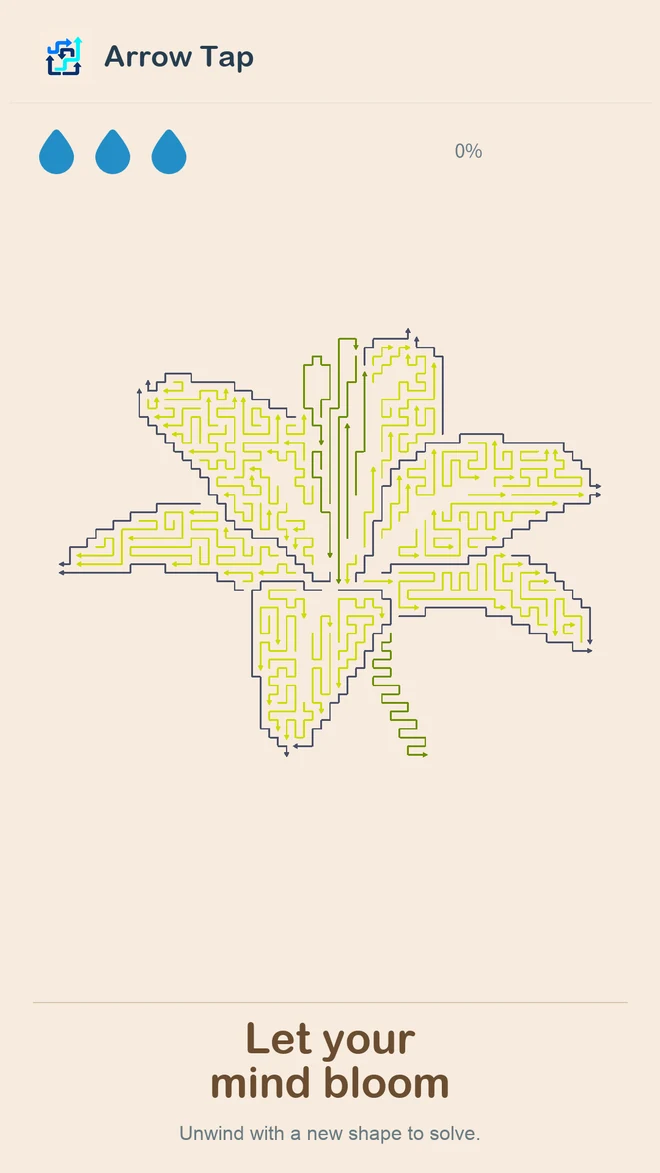 Arrow Tap lily-shaped puzzle with winding arrow paths