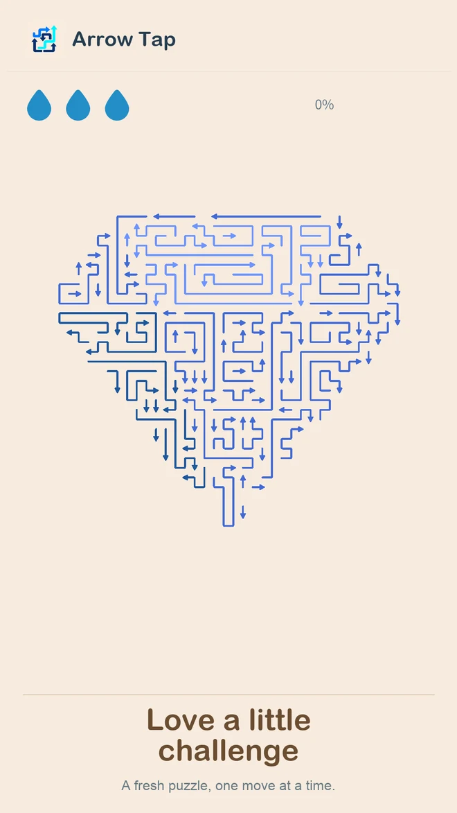 Arrow Tap gameplay: interlocking blue arrows forming a heart