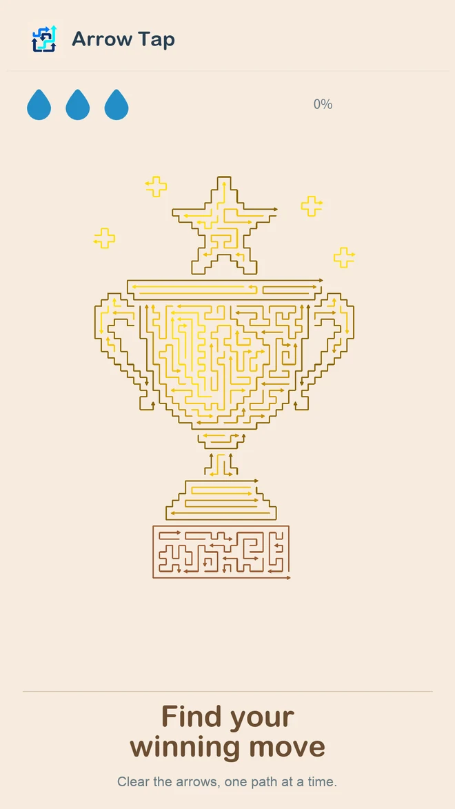 Arrow Tap trophy-shaped puzzle with interlocking golden arrow paths