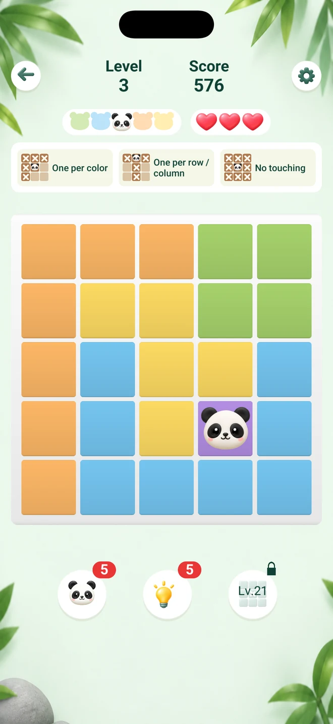 PandaDoku gameplay: a panda placed on a colorful logic grid
