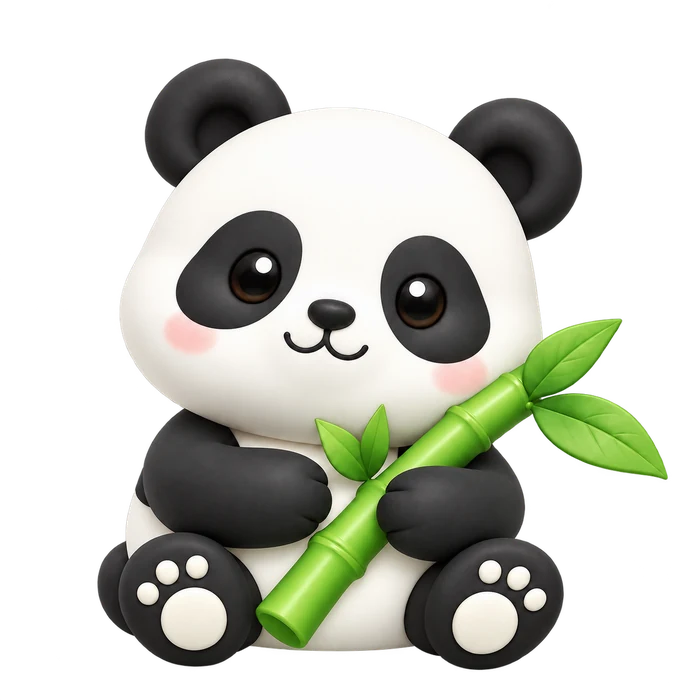 A little panda holding a green bamboo stem